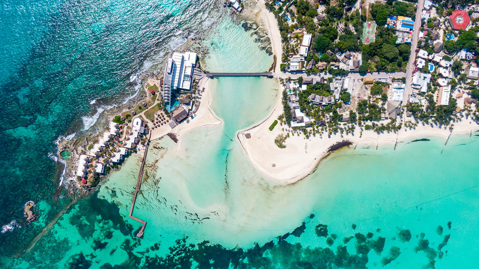 Cruise ship near Cancun with crystal-clear blue waters